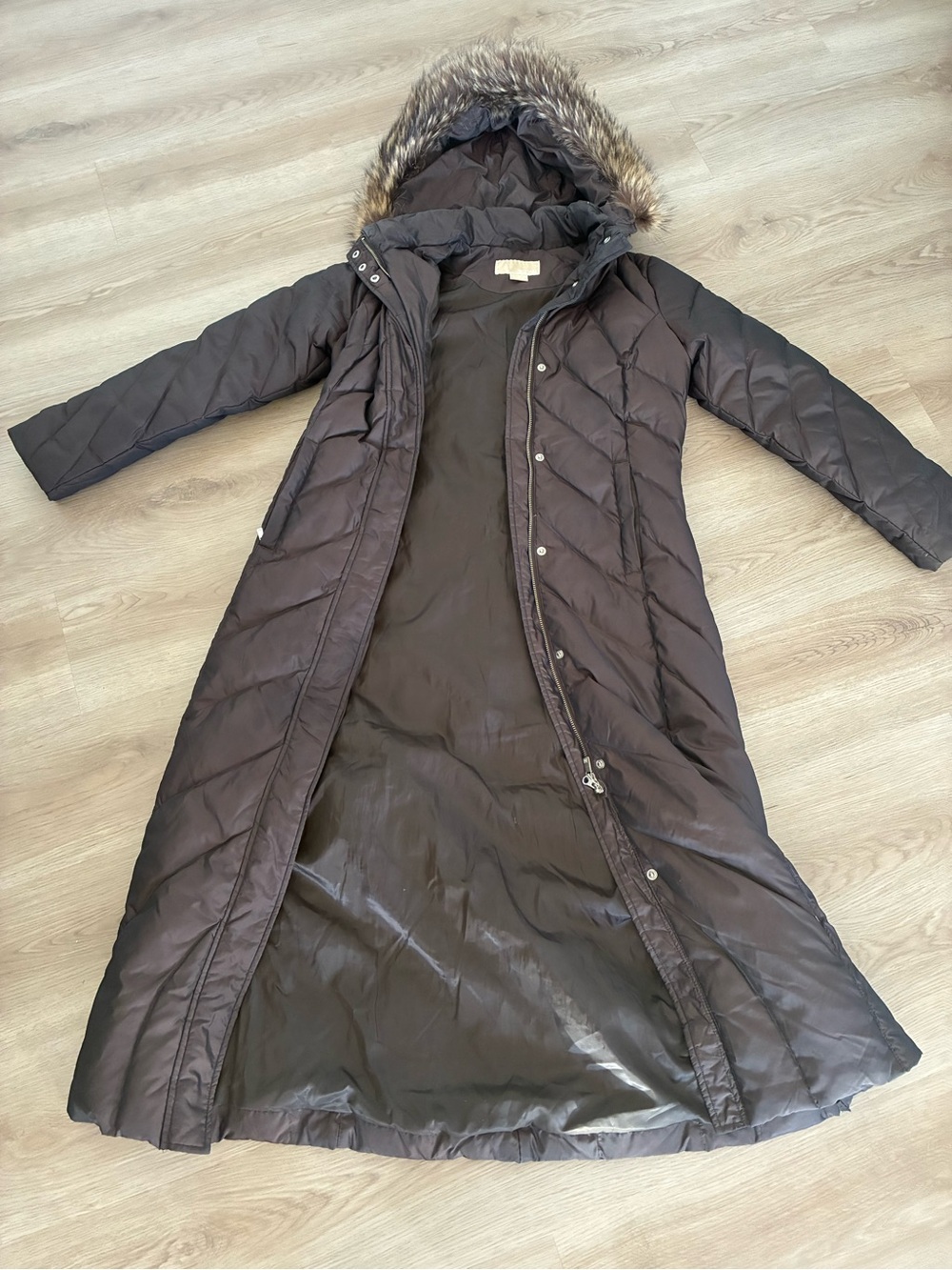 Michael Kors Long Black Quilted Puffer Coat with Faux Fur Trim Hood